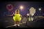 Placeholder: unsettling eerie and sinister, pouting baby in a tennis ball costume waving a tennis racquet, giant anthropomorphic spider-legged toilet creature in a parking lot at night, cctv, found footage, glitchy vcr textures, horizontal static corruption