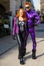 Placeholder: Debby Ryan, smiling, Heavy Metal t-shirt, Black Leather biker's jacket, Black leather pants, Platform boots, midday, bright sunlight, extremely colorful. Big, fluffy hair, Debby Ryan has Auburn Red hair, green eyes, She is standing next to ((THE PHANTOM, an extremely muscular man who wears a one-piece, formfitting purple body suit with tribal designs lightly woven into the fabric. He also wears a cowl, eye mask, black boots, black gloves, double holstered pistol belt