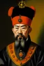 Placeholder: 肖像画、六颗珠子在前的黑色官帽、黑色衣服和纁色裙子、高耸的头饰、高鼻梁，鼻翼挺拔、细长的眉毛和眼睛、昂首挺胸、细长胡须、古代中国皇帝