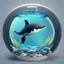 Placeholder: A cute little orca in a small circular fish tank.