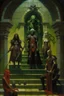 Placeholder: 1970's dark fantasy cover dnd style oil painting of group of heros, an elf, a halfling, an gigant ogre, a human and an herbalist in a hunted mansion in complete horror with minimalist far perspective. Magazine.