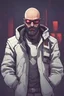 Placeholder: cyberpunk decker character with a bald head and a beard