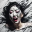 Placeholder: paper portrait of Goth Asian woman, lying pose, face distorted with pain, reverse colors, screaming, tears streaming from eyes, glitchcore, horror, ultra realist texture,