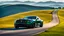 Placeholder: black Cross between Ford mustang and dodge ram, on a road of green hills in morning, clear blue sky, shining sun rear view