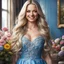 Placeholder: (best quality, 4k, 8k, highres, masterpiece:1.2), ultra-detailed, (realistic, photorealistic, photo-realistic:1.37),hyper realistic, full body gorgeous smiling 1woman,long hair,looking at viewer,realistic proportions,blue eyes,hair ornament,dress,very long hair,flower,blonde hair,parted lips,necklace,white dress,blonde hair,lips,blurry background,freckles,realistic,head wreath, pink flower,realistic portrait, dreamy fantasy landscape,crystal castle behind