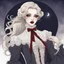 Placeholder: A mysterious and alluring vampire with pale skin, blood-red lips, sharp fangs, dressed in elegant Victorian attire, standing in front of a full moon backdrop.