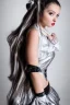 Placeholder: Beautiful perfect perfectly centered photorealistic lady long hair, shiny metallic silver hair, multi-hued French maid outfit full-body portrait by Reisha Perlmutter, Rudy Nappi, medium shot