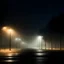 Placeholder: a street at night with identical streetlights lined up and fog