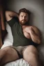 Placeholder: full figure photography, chubby, 35mm lens, burly italan man short hair, 27 years old lying in bed , red beard, with hands behind the head, hairy armpits, manly armpits, ugly and dirty, manly chest, hairy chest, big shoulders, muscular chubby, manly chest, shirtless, with bulging unbuttoned boxer, sad eyes, photorealistic , dim side light, ambient occlusion, in the dark , aerial view