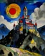 Placeholder: A castle on a mountain covered in shadows painted by Wassily Kandinsky