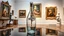 Placeholder: a pretty glass wine jar with beautiful minature glass shapes on out side and some glass hlalf sphere on it with a lady ballerina inside in pretty standing ballet pose on a table in a art gallery with famouse paintings and statues