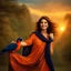 Placeholder: Hyper Realistic photographic-view of a Beautiful-Young-Happy-Pashto-Woman-smiling-with-a-bird-on-his-hand with navy-blue-dress-&-orange-shawl & breeze-whirling in a jungle-with-tall-trees & cloudy-sunset-&-sun-rays showing dramatic & cinematic ambiance