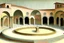 Placeholder: a round plaza, a Roman arcade with arches curved around it, by artist "Leonora Carrington"