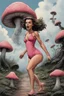 Placeholder: [art by Kevin Eastman and Peter Laird] A surprised caucasian woman , 24-years-old wearing a pink agent provocateur 2-pieces swimsuit , running away from a mushroom covered creature, the overcast sky in the background, from a vintage 1960's stop motion movie