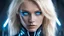 Placeholder: women blonde from the future with blue eyes and futuress outfit and mysterious and powerfull look