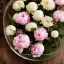 Placeholder: Cinematic shot of peonies inside a glass bowl, glass, crystal, linen, dewdrops, warm lighting, luxurious, terrarium