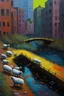 Placeholder: painting of a cyberpunk colourful natural walkway rubbish on the street in the city with pollution and a small bridge by a creek with electric sheep and androids by monet