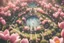 Placeholder: Top view of a cute elf village in the middle of a tulip blossom, shops, park, fountain, elves, in sunshine, ethereal, cinematic postprocessing, bokeh, dof