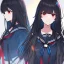 Placeholder: Clear focus, High resolution, long black fluffy hair, red eyes, chopped bangs, wearing a sailor uniform, wearing a sailor skirt, colorful, hollywood, female, no outlines, extreme close up, rough line sketch