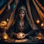 Placeholder: Hyper Realistic photographic-view of Wicked-&-Beautiful-Fortune-teller-with-glowing-golden-eyes wearing black-beed-necklace-&-bracelet angrily Looking at her crystal-ball glowing magically & sitting in her tent at dark-night decorated with fancy-traditional-feathers-&-tarot-cards showing dramatic & cinematic ambiance"