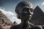 Placeholder: Hyperrealistic medium shot, low angle portrait of alien woman. Her face has the features of the mohais of Easter Island on an unknown planet. He has stone skin black as coal. Behind her, you can see the alien planet landscape and far away a pyramid under construction. High detail. Trendy cinematography. 32K. extremely detailed. Professional photography. seductive lighting.