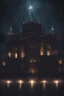 Placeholder: A dark palace at night with bright lights all around