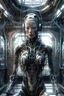 Placeholder: high quality, 8K Ultra HD, high detailed human-cyborg hybrid woman, full body, in the background is the interior of a spaceship,big window,cybernetic,cable electric wires,microchip,anatomical,polished,porcelain,ultra detailed,ultra realistic,extremely realistic,intricate,epic composition,H.R. Giger style