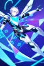 Placeholder: neon blue, flying parts of armor in form of triangles, cyber armor, geometric patterns on armor, male, orbiting triangle