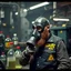 Placeholder: en skäggig motorcykelklubbs kille som försöker prata med en gasmask i en fabrik, livsfarliga kemikalier som lut och syra, varningsymboler, gasmasker, dom kallar honom för babyface för att ser så barnslig ut