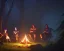 Placeholder: Adventurers resting around a campfire with a cooking pot in a forest clearing at night, starry sky, dark fantasy, high detail, high definition, big adventuring bags