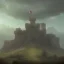 Placeholder: franz frazetta style, castle siege, heavy clouds, hills in the distance