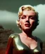 Placeholder: Ultra Realistic retro sci-fi 1960 scene, waist up view portrait, blonde woman, sweet young Marilyn Monroe face, perfect iris, tight latex coat, Strange planet background, Retro sci-fi style glass helmet, sphere dron, fog, rain, soft color, highly detailed, unreal engine 5, ray tracing, RTX, lumen lighting, ultra detail, volumetric lighting, 3d, finely drawn, high definition, high resolution.