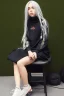 Placeholder: Billie Eilish, sitting on a chair, Black Short Dress, high detail, realistic