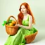 Placeholder: A beautiful young woman with orange hair sitting in a light green dress with a basket full of mangoes. All on a light background that can be easily removed.