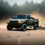 Placeholder: hyperrealistic shot, muddy military toy truck, monotone color palette, sharp focus, shine, puddle reflection, tire water splash, refraction, mist on the horizon, shadowcast, detailed and intricate, cinematic composition, micro, tilt shift photography