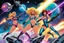 Placeholder: Three powerful women in metallic, futuristic bikinis engage in a dynamic laser blaster battle on a space platform. The artwork is rendered in a vibrant, vintage comic book style with psychedelic colors, retro spaceships, and cosmic explosions.