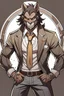 Placeholder: Buff, anthro, wolf, himbo, black fur, gold eyes, wearing a suit, full-body, muscles, strong, muscular, man boobs, bulky, tail, dark fur, smug grin, hands on hips,