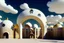 Placeholder: A surreal town with arches and domes, clouds and with long shadows by artist "Berndnaut" and "Leonora Carrington" and "de Chirico"