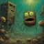 Placeholder: Surreal mutant decayed SpongeBob Squarepants monstrosity, 'he lives in a nightmare under the sea', alternate zombie SpongeBob and Squidward, by Zdzislaw Beksinski, by Jack Davis, by Dave Kendall, sinister unnatural comix underwater landscape, surrealist horror art, creepy eerie dystopian.