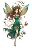 Placeholder: Forest fairy with iridesand teal wings and a cute short leaf dress and pointed ears and multiple vine earings and ear cuffs flying through a mythical forestand brown wavy hair trailing her