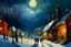 Placeholder: oil paint, people walking at night on a snowy village street, night lights, colours, trees without leaves, moon behind the clouds, extra ordinary details