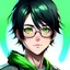 Placeholder: Teenage boy, skater style black hair, blue-green eyes, nerdy style glasses, anime style, front facing, looking into the camera, nerdy looking,