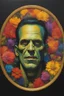 Placeholder: Frankenstein monster's face inside a round gold frame, multicolored, large, Floral/rainbow designs, atmospheric, beautiful, bright, vibrant colors, pitch-black background, oil painting by Boris Vallejo, 4k UHD, Photorealistic, professional quality