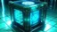 Placeholder: Cube tesseract from movie Loki. Tesseract size must be half of ration size. Located strictly in the middle of picture with space around it and with navy blue/green glow inside tesseract. Without surface/table on which it stay.