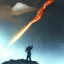 Placeholder: doom scenary. Heavy rain. Epic Lighting in the sky. Knight with a sword. Falling meteorite from the sky. Meteorite burning in the distance.