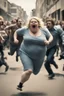 Placeholder: an obese terrified blonde woman running away from an angry mob