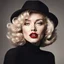 Placeholder: upper body marilyn monroe, a blonde woman with short, wavy hair, is the focal point of the image. she's dressed in a dark brown turtleneck sweater, paired with a black hat and a black suit jacket. her lips are a vibrant red, and her eyes are a deep brown. her hair, a light shade of blonde, is styled in loose waves, adding a touch of whimsy to her appearance. in the background, a man with a black hat and a white shirt is visible..,bokeh like f/0.8, tilt-shift lens 8k, high de
