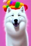 Placeholder: Cute, fluffy, happy looking white Samoyed dog, colorful, summer, festive atmosphere, detailed, congratulating