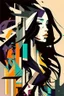 Placeholder: Neo Surrealism, whimsical art, Analytical Cubism Illustration Design a perfect pretty girl, black long hair, Split-Complementary color guide, Plasma Energy Texture, abstract background, girl, Pose with movement, often for geometric deconstruction, monochromatic palette, or fragmented forms.