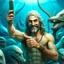 Placeholder: the sea god Poseidon, taking selfie with sharks, smiling, realistic, detailed,